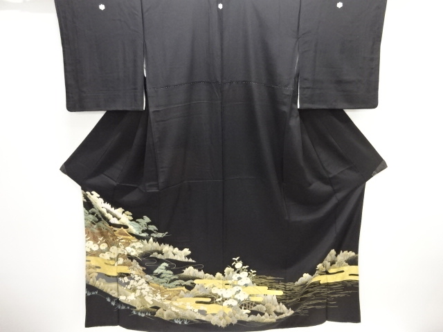 JAPANESE KIMONO / TOMESODE / SILK / EMBROIDERY / KINSAI / SCENERY OF MANSION